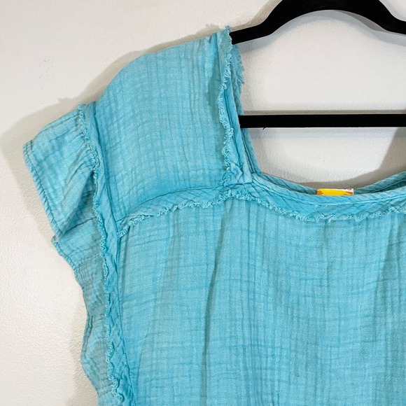 C&C California Blue Cotton Square Flutter Ruffle Sleeve Peplum Blouse Large NWT - Picture 9 of 10